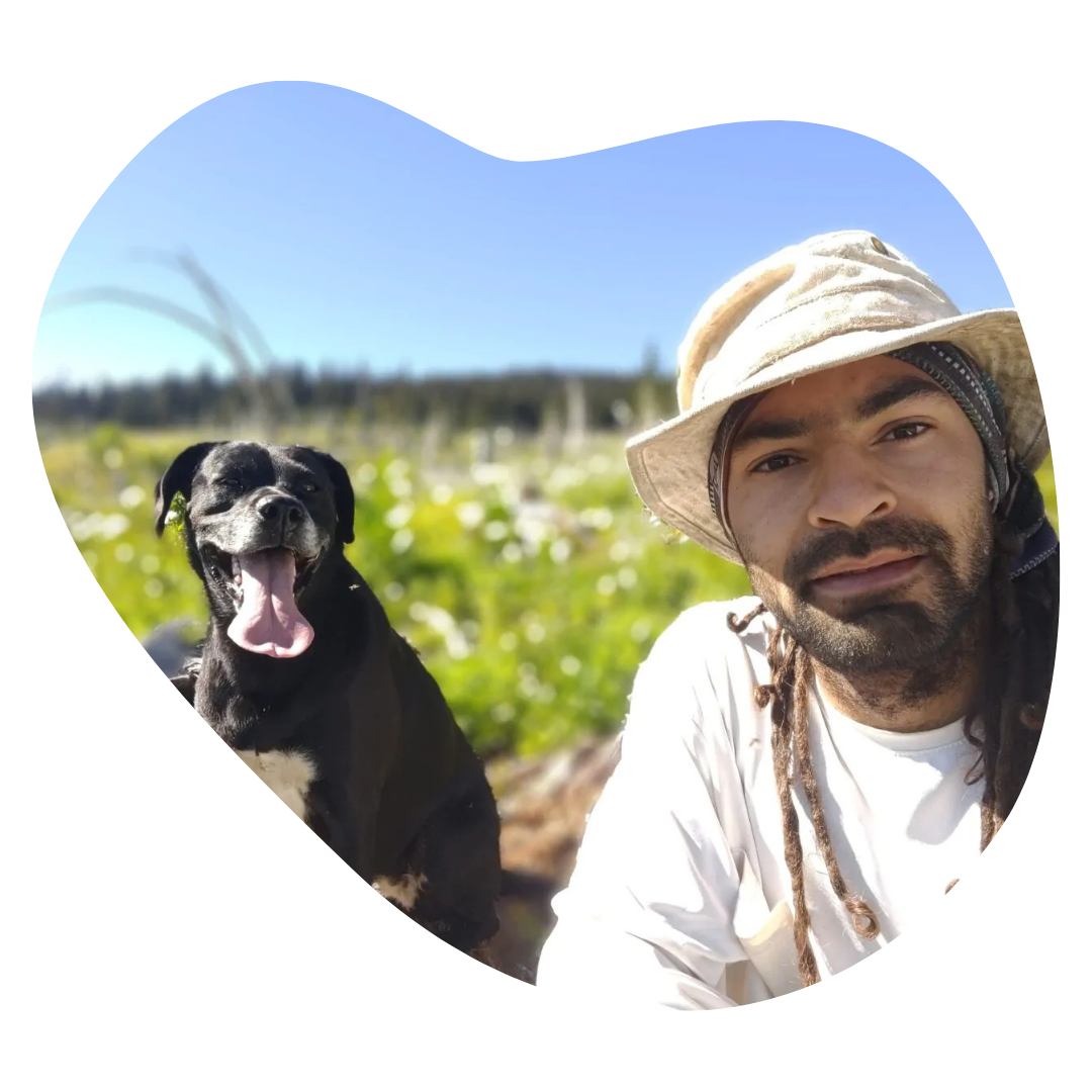 Cedar Grove Mushrooms founder, Jordan pictured with his furry companion.