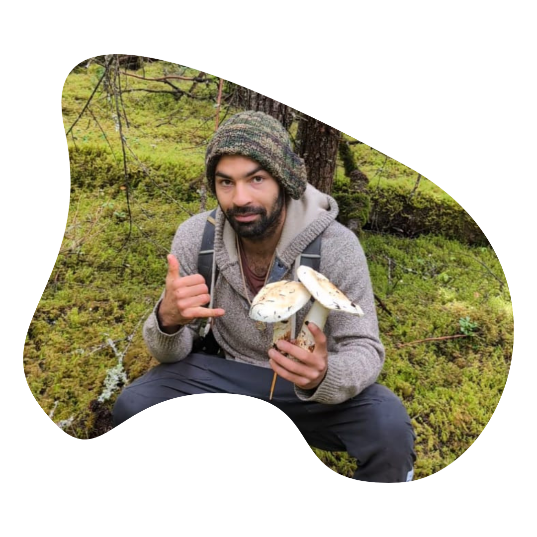 Cedar Grove Mushrooms founder, Jordan holding mushrooms he foraged.